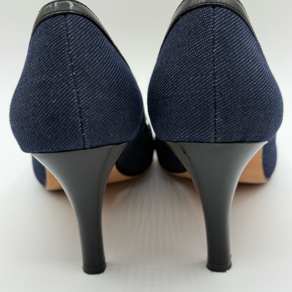 VTG RARE Oscar de la Renta O Calada Peep Toe Heels Blue/Black Size 8 - Picture 5 of 16